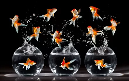 HD desktop wallpaper featuring vibrant goldfish leaping between three glass bowls filled with water against a black background.