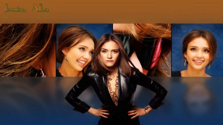 HD PC desktop wallpaper featuring celebrity Jessica Alba in multiple close-up and mid-shot images against a warm brown and blue background.