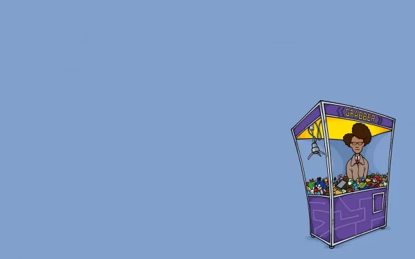 HD wallpaper of Maurice Moss from The IT Crowd, illustrated inside a whimsical cubicle against a blue background.