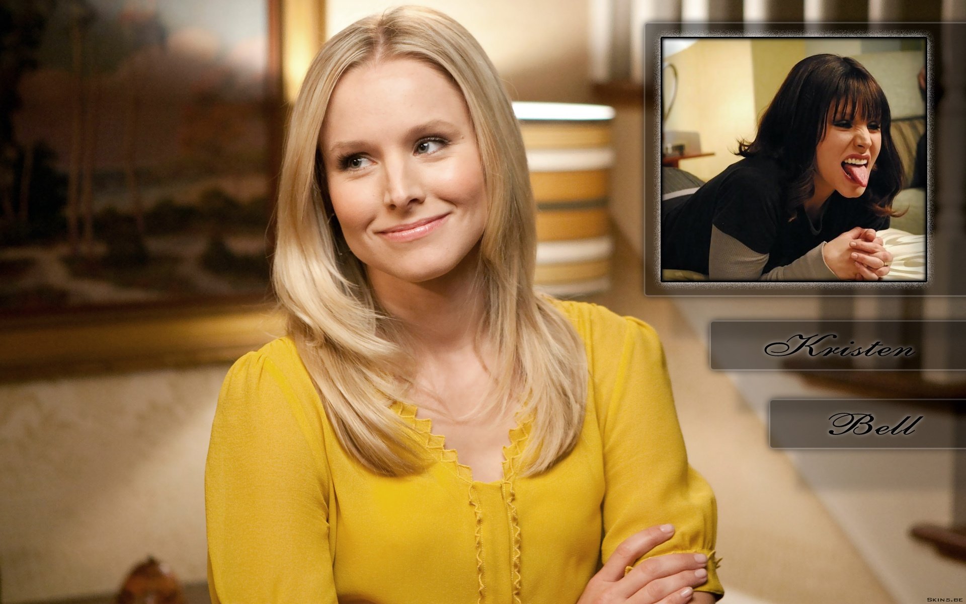 HD PC desktop wallpaper featuring celebrity Kristen Bell smiling in a yellow top, with a smaller inset image of her laughing in black attire.