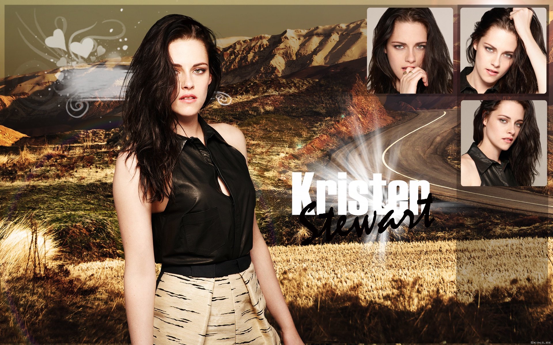 HD desktop wallpaper featuring Kristen Stewart, showcasing her stylish look against a dramatic landscape with multiple close-up shots of the actress.