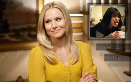 HD PC desktop wallpaper featuring celebrity Kristen Bell smiling in a yellow top, with a smaller inset image of her laughing in black attire.