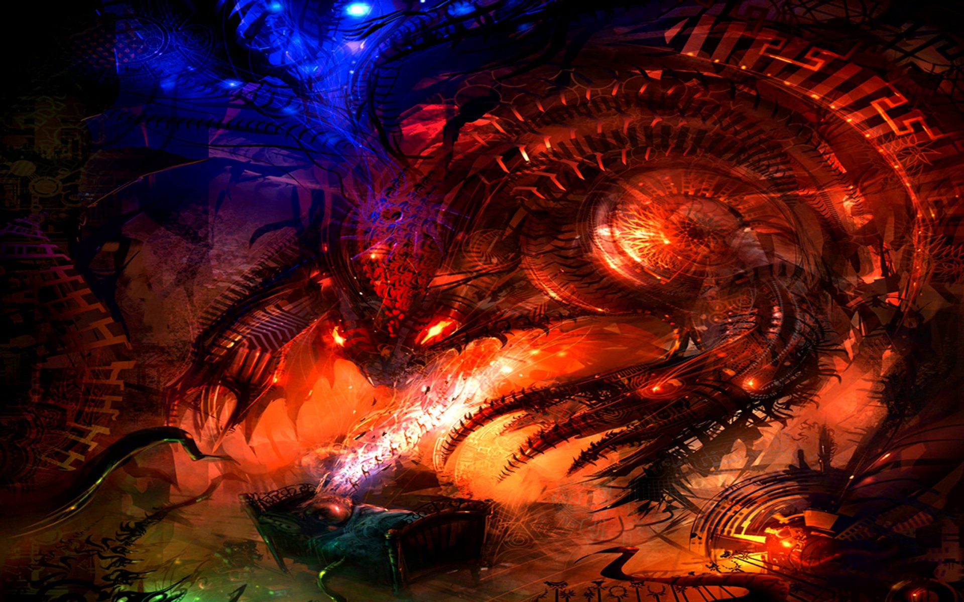 Dark, surreal scene featuring a fiery dragon entwined with glowing blue and red hues, creating a dramatic dreamlike atmosphere. HD PC desktop wallpaper and background.