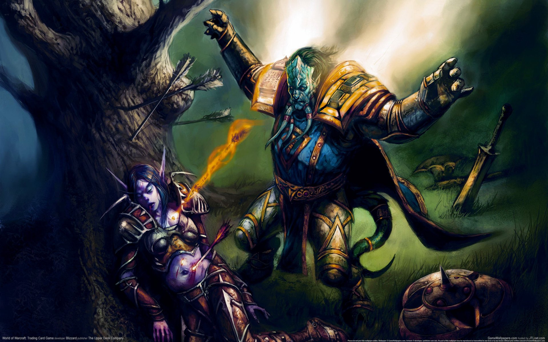 2K Quad HD PC desktop wallpaper for the video game World of Warcraft: Trading Card Game — armored troll lunges toward a wounded night elf archer beneath a moonlit forest.