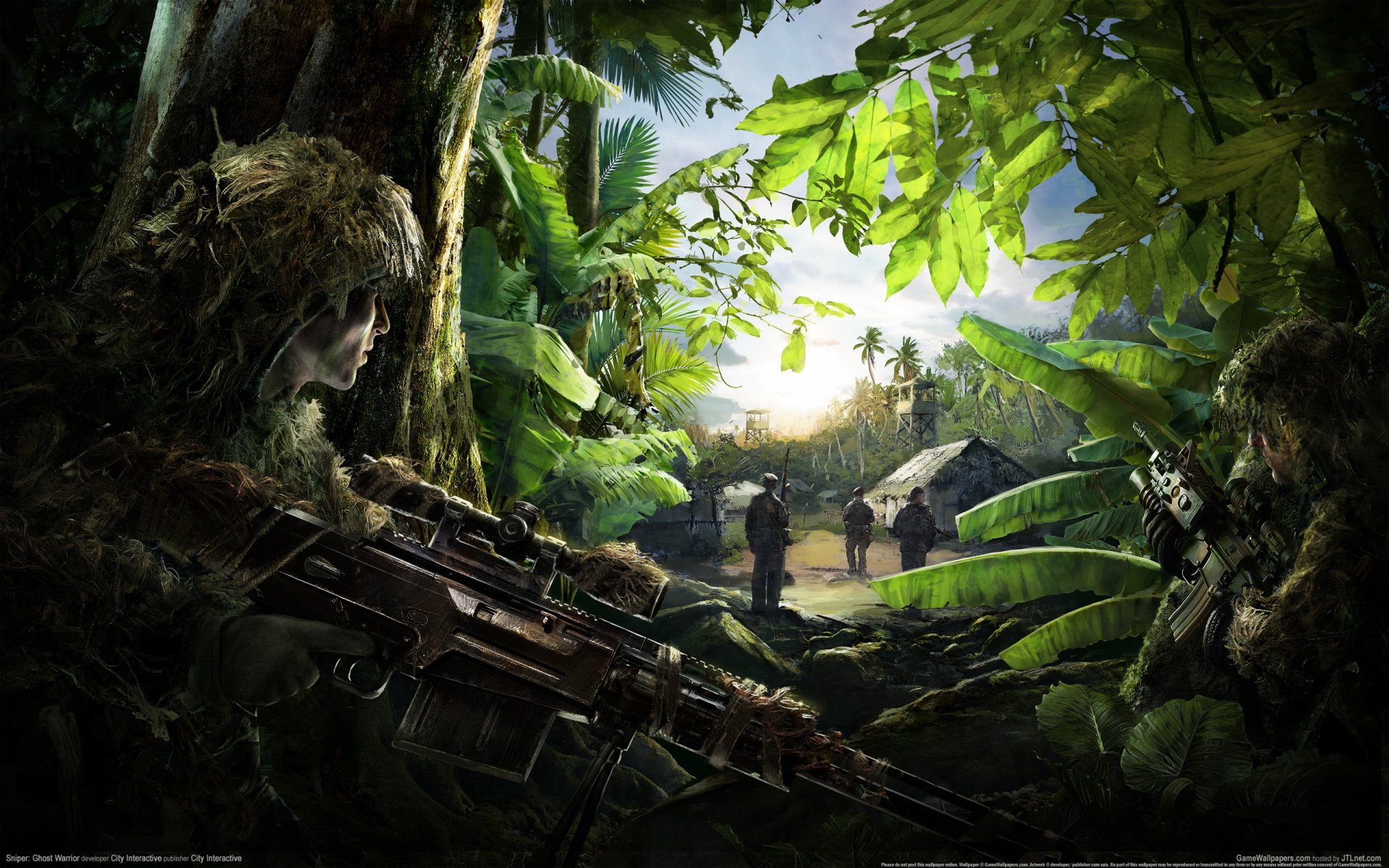 HD PC desktop wallpaper from Sniper: Ghost Warrior featuring a soldier sniper camouflaged in dense jungle foliage, aiming with his rifle at distant targets.