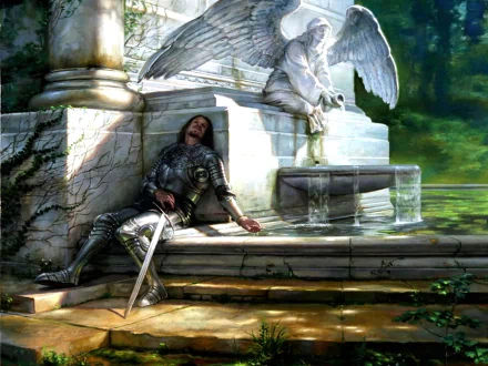 HD fantasy desktop wallpaper featuring a knight in armor resting against a stone structure with a large eagle statue under a vibrant, lush sky.