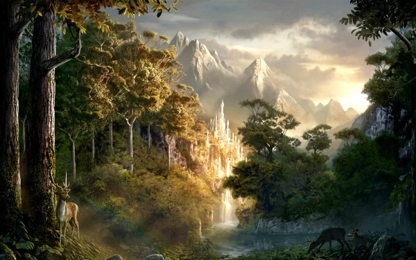 A HD wallpaper featuring a fantasy forest landscape with deer amidst lush greenery, towering trees, a gentle river, and majestic mountains in the background, illuminated by ethereal sunlight.