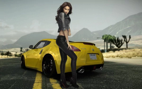 HD PC desktop wallpaper featuring celebrity Irina Shayk posing confidently in front of a yellow sports car on a desert road with mountains in the background.