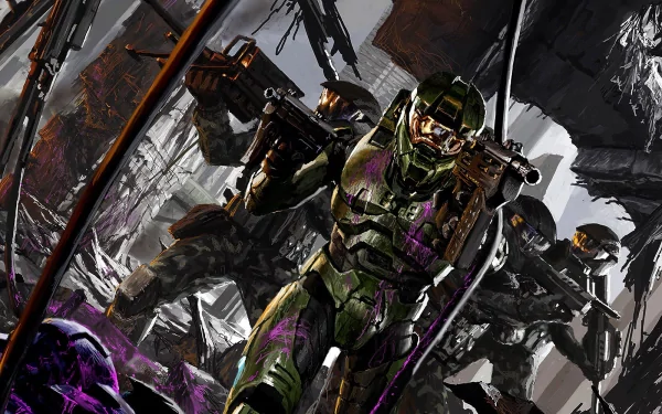 HD PC desktop wallpaper featuring intense action from the video game Halo 2, showcasing armored soldiers in combat amidst a dynamic battle scene.