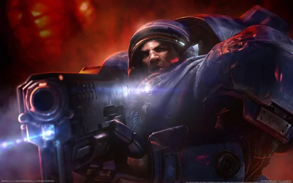 HD PC desktop wallpaper featuring a Terran marine from the video game Starcraft II: Wings of Liberty, depicted in intense combat with glowing weaponry and a fiery background.