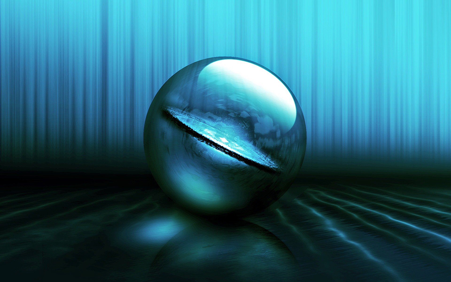 Abstract artistic HD PC desktop wallpaper and background: teal-blue scene with a glowing metallic sphere with a horizontal slit resting on a rippled reflective floor beneath vertical light streaks.