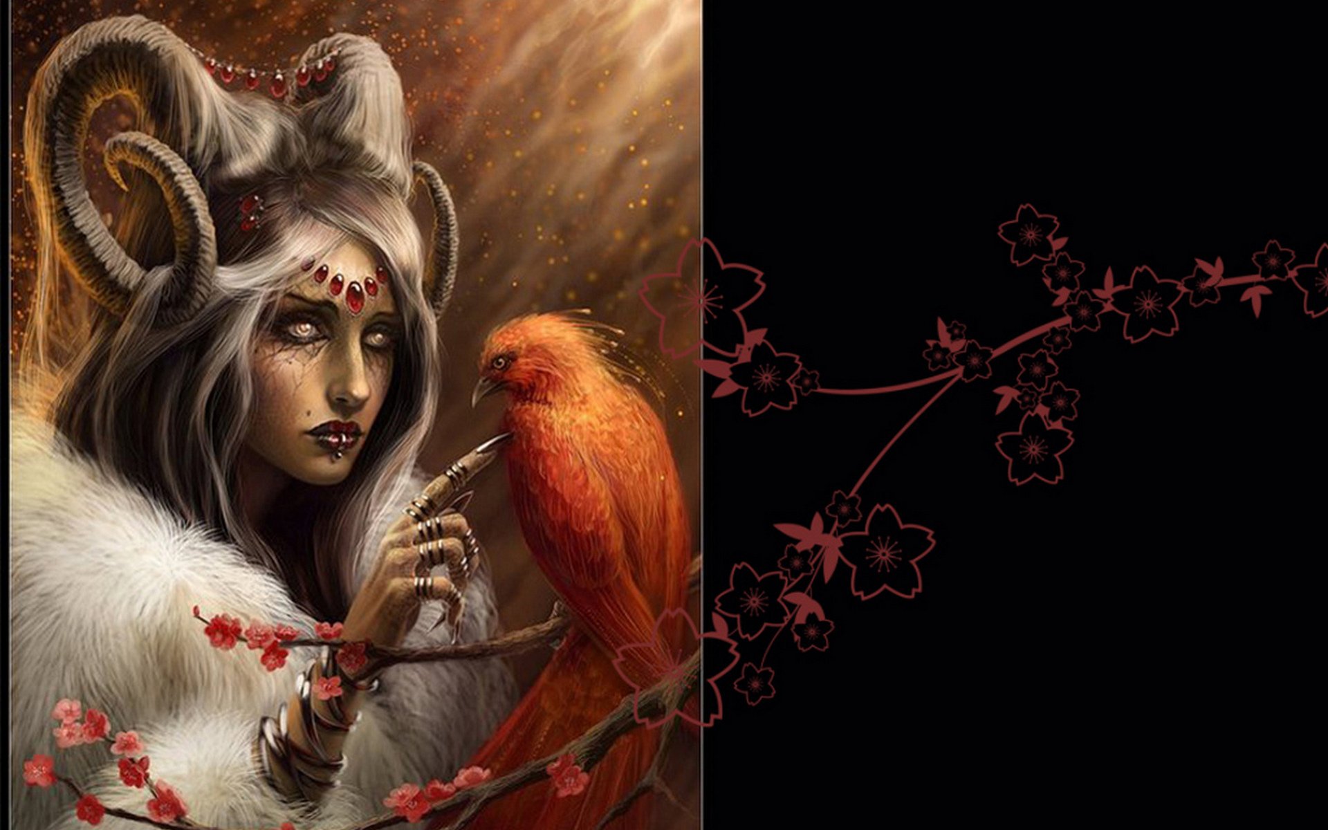 HD fantasy demon desktop wallpaper featuring a horned figure with glowing eyes and a fiery bird perched on a cherry blossom branch against a dark backdrop with floral accents.