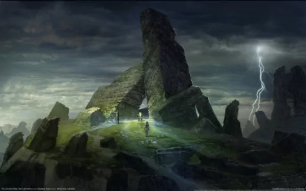 HD PC desktop wallpaper from the video game The Lord of the Rings: War in the North, featuring a mysterious stone monument under a stormy sky with lightning.