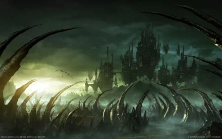HD PC desktop wallpaper featuring a dark, ominous castle from the video game Rise of Legends, set against a moody, misty sky with twisted, claw-like foreground elements.