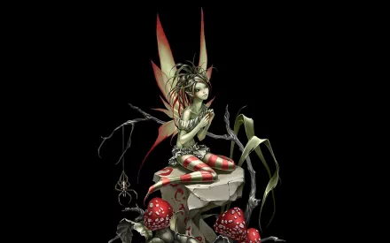 HD fantasy PC desktop wallpaper featuring a detailed fairy with vibrant wings sitting on a broken stone amidst red mushrooms and twisted branches.