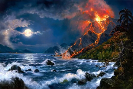 A breathtaking HD wallpaper featuring a dramatic volcano erupting at night, surrounded by turbulent seas and illuminated by moonlight and lightning in a stunning natural landscape.