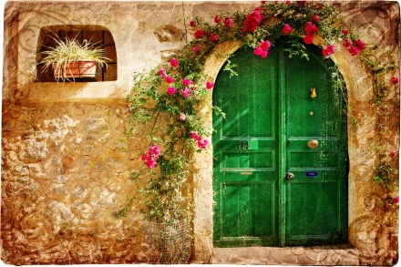 HD wallpaper featuring a charming stone facade with vibrant pink flowers over a green door.