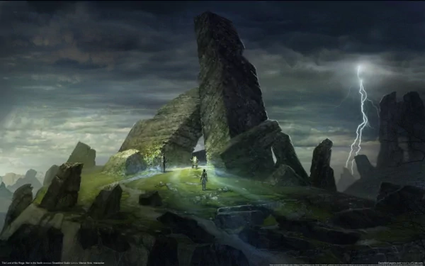 HD PC desktop wallpaper from the video game The Lord of the Rings: War in the North, featuring a mysterious stone monument under a stormy sky with lightning.