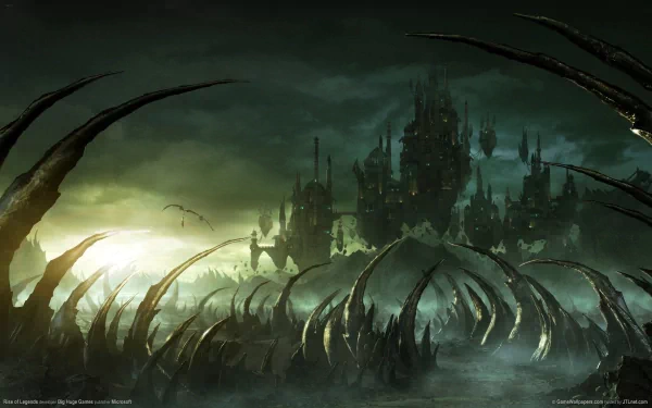 HD PC desktop wallpaper featuring a dark, ominous castle from the video game Rise of Legends, set against a moody, misty sky with twisted, claw-like foreground elements.