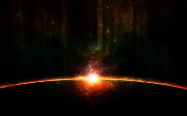 A stunning sci-fi planetscape featuring a glowing horizon with vibrant colors and cosmic elements, designed as a high-definition PC desktop wallpaper and background.