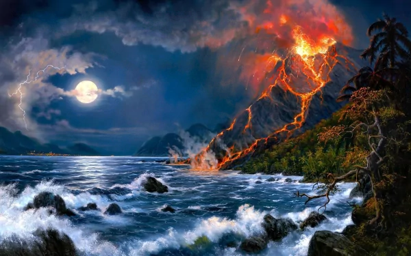 A breathtaking HD wallpaper featuring a dramatic volcano erupting at night, surrounded by turbulent seas and illuminated by moonlight and lightning in a stunning natural landscape.