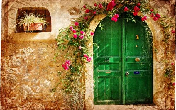HD wallpaper featuring a charming stone facade with vibrant pink flowers over a green door.