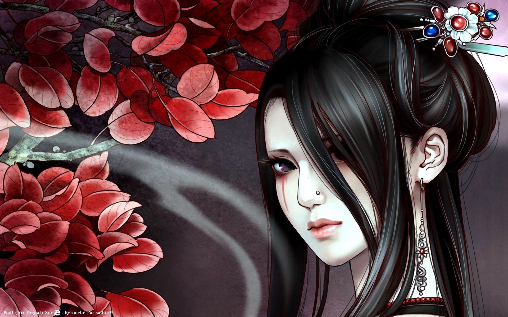 A striking fantasy-themed HD desktop wallpaper featuring a woman with long black hair, adorned with decorative elements, set against a backdrop of vibrant red leaves.