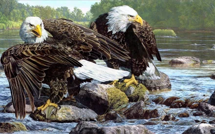 A stunning HD desktop wallpaper featuring two majestic bald eagles perched on rocks by a serene river, showcasing their impressive wings and striking plumage.