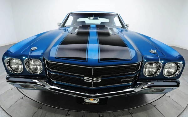 A striking blue Chevrolet Chevelle SS muscle car, featuring a bold black racing stripe, showcased in high definition as a desktop wallpaper.