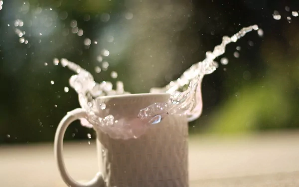 4K Ultra HD PC desktop wallpaper and background: white ceramic mug with milk splashing outward against a sunlit green bokeh backdrop, food and drink theme.