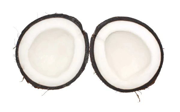 Split coconut halves showcase their creamy white insides against a clean background, making a vibrant HD desktop wallpaper that highlights nature's bounty.