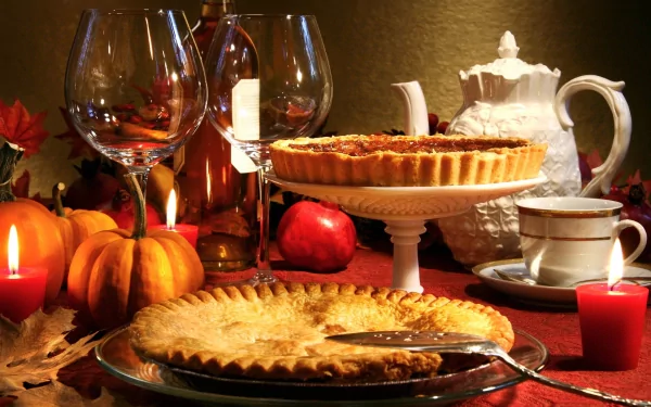 HD PC desktop wallpaper showing a warm baking scene with pumpkin pie, a fruit tart, wine glasses, a teapot, candles, and autumn decor on a table.