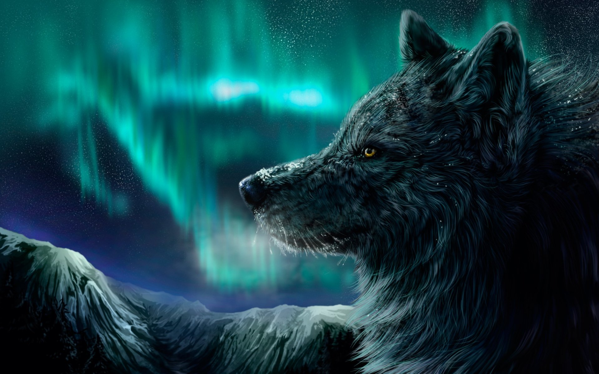 A majestic wolf gazes under a luminous aurora, set against a stunning backdrop. This HD image serves as a captivating desktop wallpaper.