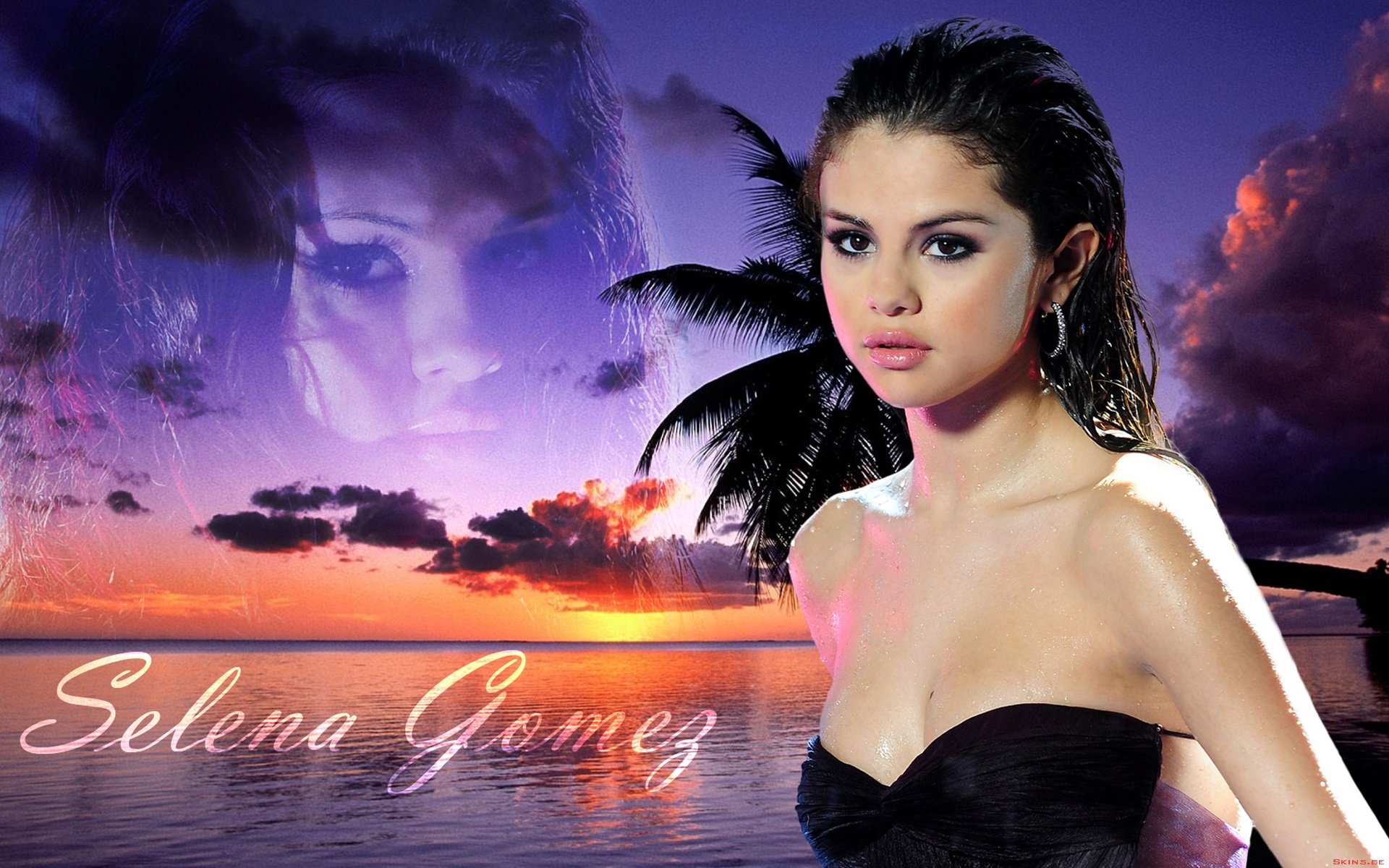 HD PC desktop wallpaper featuring singer Selena Gomez against a vibrant sunset background with palm trees, blending music and serene beach imagery.