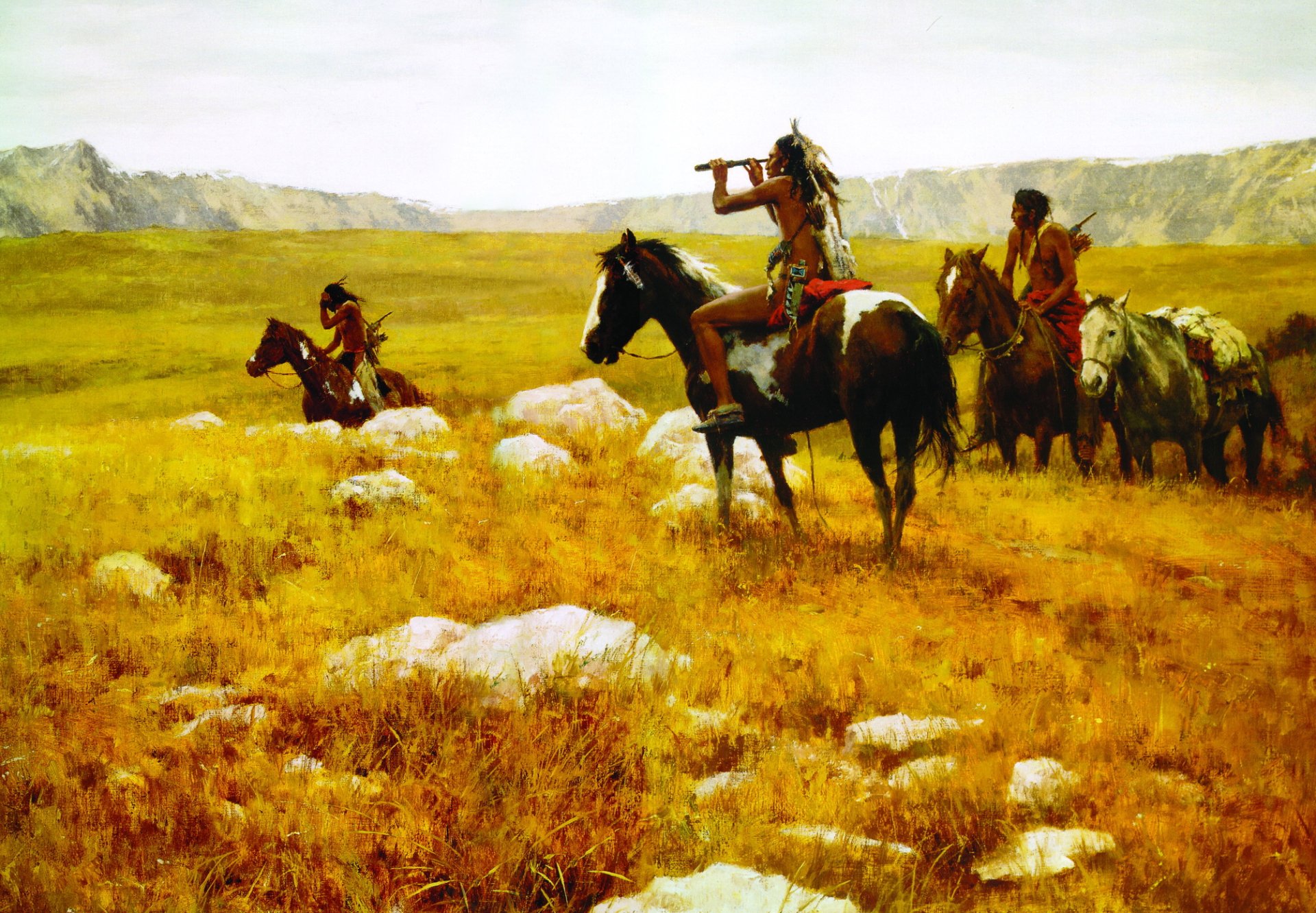 Artistic oil painting depicting Native American riders on horseback crossing a golden grassland, presented as an HD PC desktop wallpaper and background.