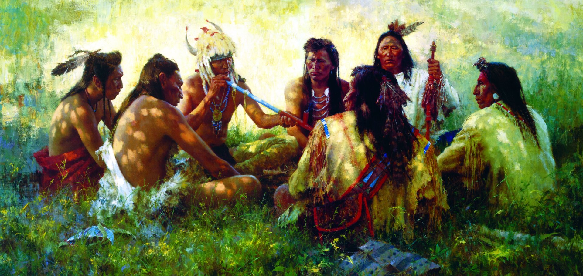 An oil painting depicting a group of Indigenous people engaged in a communal activity, surrounded by nature, serves as a vibrant HD PC desktop wallpaper and background.