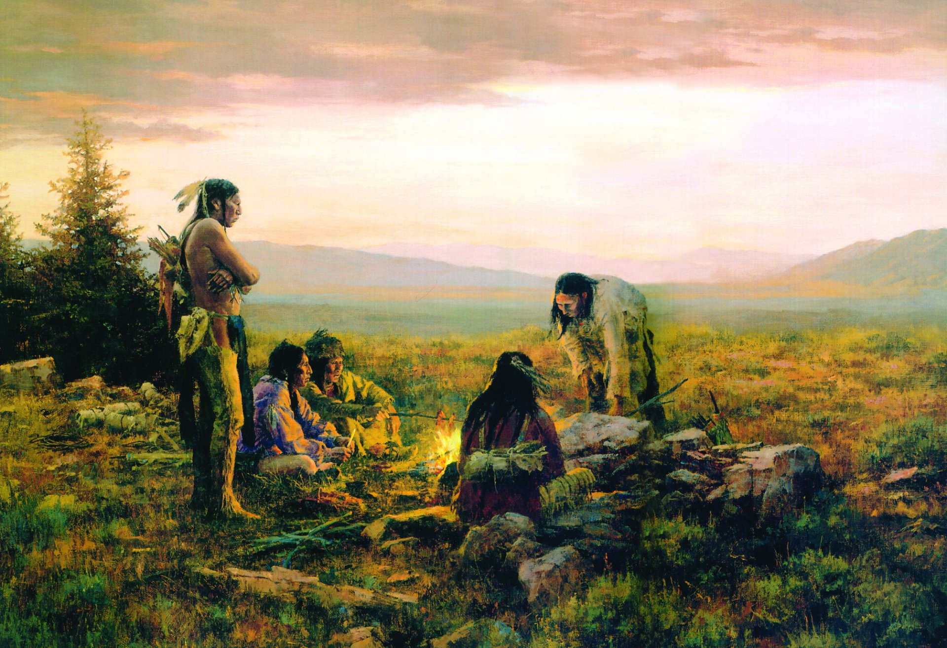 An artistic oil painting depicting a group around a campfire in a serene landscape, capturing a moment of connection and tranquility in nature. High-definition wallpaper for desktop use.