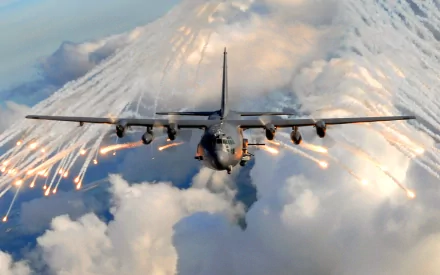 HD desktop wallpaper featuring a Lockheed AC-130 military aircraft deploying flares against a dramatic sky backdrop.