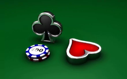 A vibrant HD desktop wallpaper featuring poker elements, including a chip and playing card symbols, against a rich green background, capturing the essence of a casino atmosphere.