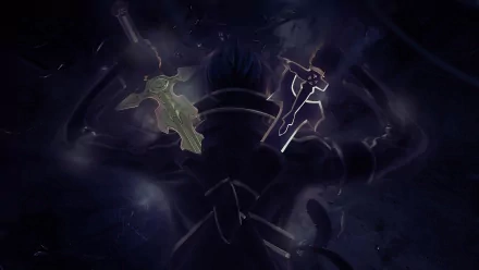 HD wallpaper featuring Kazuto Kirigaya, also known as Kirito, from the anime Sword Art Online, depicted from behind holding two glowing swords in a dark and intense atmosphere.