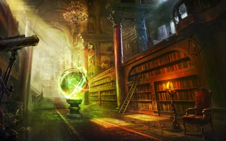 HD fantasy wallpaper featuring a magical library with towering bookshelves, a glowing orb on a pedestal, and intricate architectural details illuminated by ethereal light.