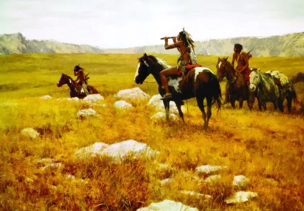 Artistic oil painting depicting Native American riders on horseback crossing a golden grassland, presented as an HD PC desktop wallpaper and background.