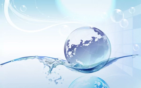 Artistic HD PC desktop wallpaper featuring a translucent globe resting on a splash of water with soft blue tones and floating bubbles.