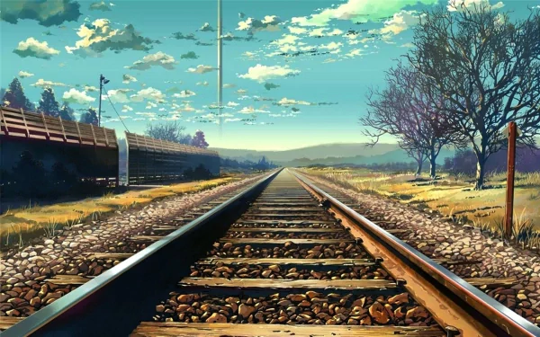 A serene HD wallpaper from The Place Promised In Our Early Days, featuring a tranquil railway track stretching into a picturesque landscape under a vibrant sky.