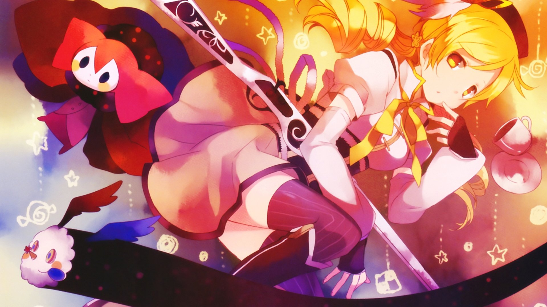 HD PC desktop wallpaper of Mami Tomoe and Charlotte from Puella Magi Madoka Magica, Mami posed with her rifle amid bright, whimsical anime motifs and swirling colors.