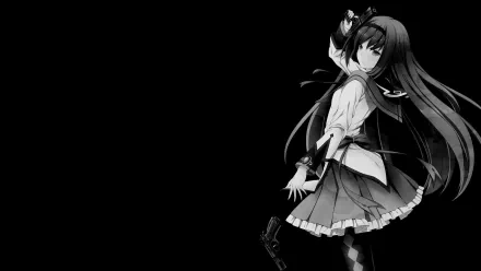 Monochrome HD desktop wallpaper of Homura Akemi from the anime Puella Magi Madoka Magica, standing and looking back against a black background.