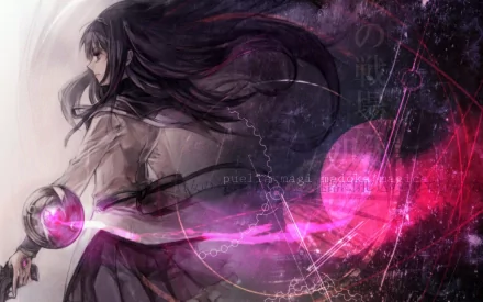 HD wallpaper featuring Homura Akemi from Puella Magi Madoka Magica, showcasing her dynamic pose and an abstract background with swirling colors and mystical elements.