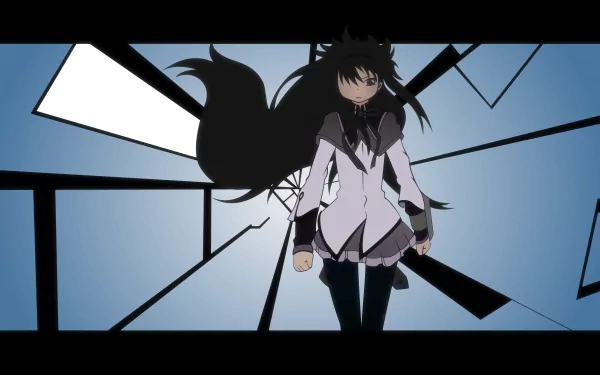Homura Akemi from Puella Magi Madoka Magica in silhouette against shattered glass, stylized blue anime 4K Ultra HD PC desktop wallpaper background.