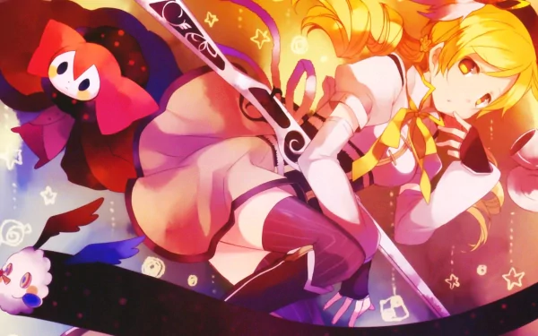 HD PC desktop wallpaper of Mami Tomoe and Charlotte from Puella Magi Madoka Magica, Mami posed with her rifle amid bright, whimsical anime motifs and swirling colors.