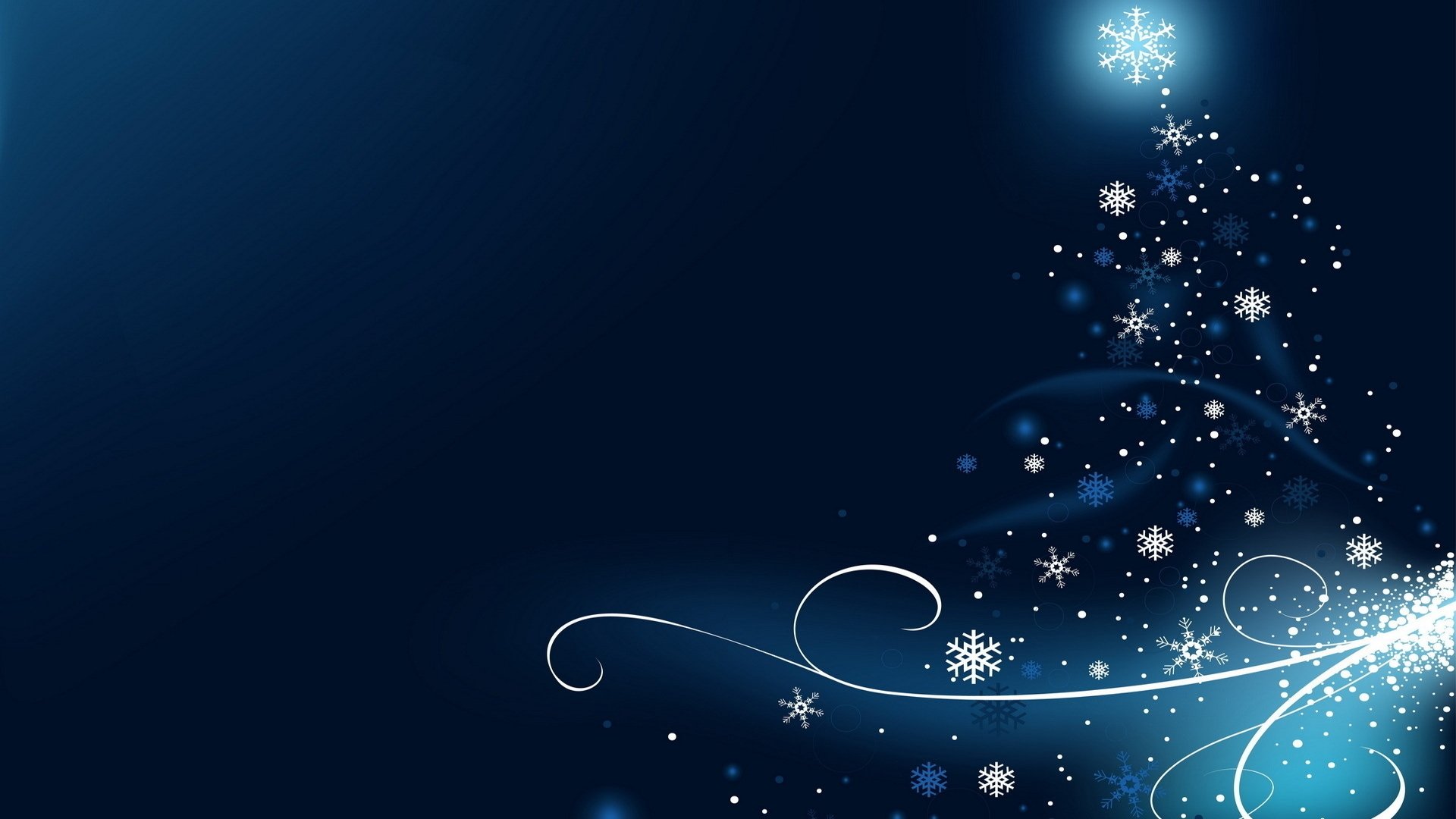 Artistic HD PC desktop wallpaper and background: deep blue backdrop with a glowing stylized snowflake tree, swirling light trails and scattered snowflakes.